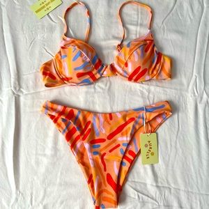 1 large bikini set, orange w pink/blue squiggly, original shipping bag included
